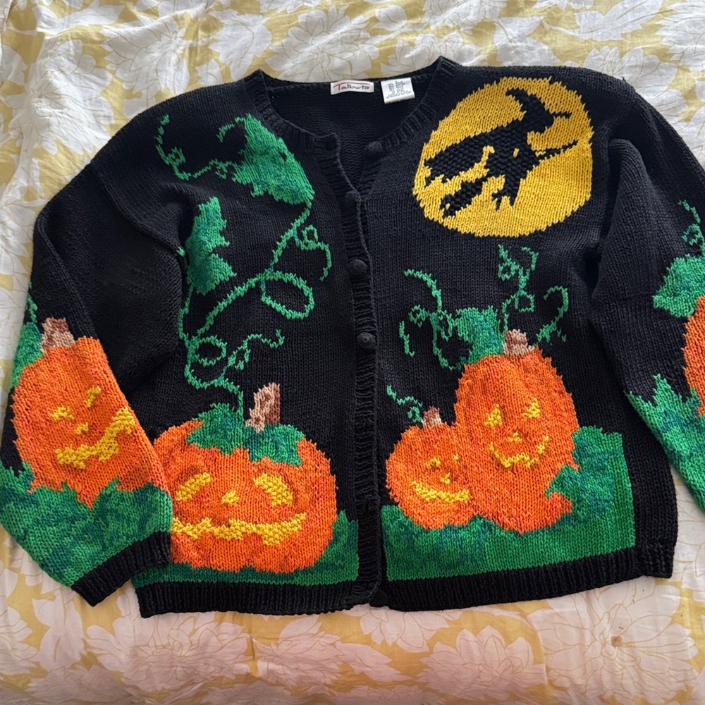 Vintage 90s cable knit sweater Halloween witch and Jack lanterns Talbots medium